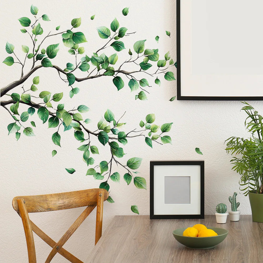 décoration murale sticker feuilles branche verte aquarelle naturelle minimaliste bohème autocollant