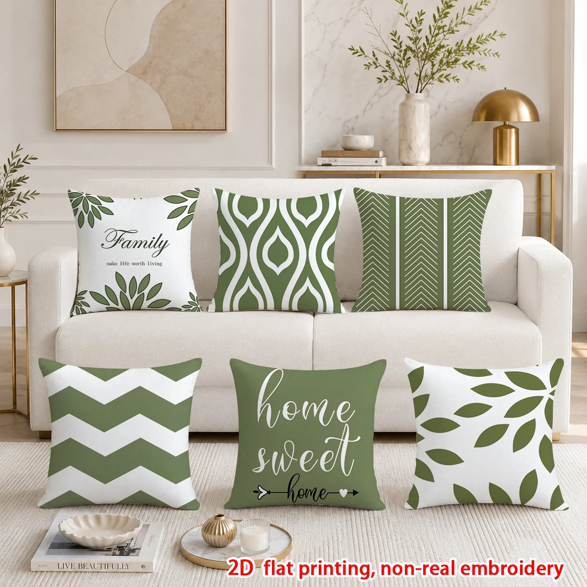 lot housses coussin vert clair motifs géométriques modernes salon maison