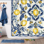 rideau douche moderne feuilles citrons blanc jaune bleu polyester facile nettoyer opale métalliques