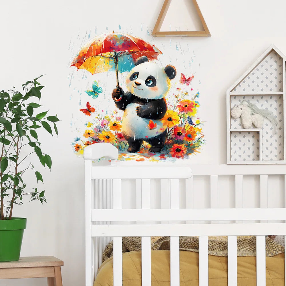 autocollant mural panda parapluie fleurs papillons enfantin cartoona opaque adhésif chambre enfants decoration murale