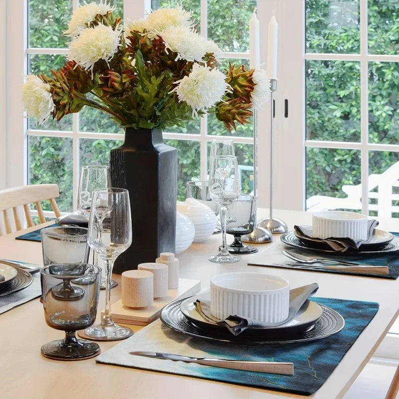 serviettes table modernes abstraites bleu gris beige doré marbré corail étoiles mer lin opaques
