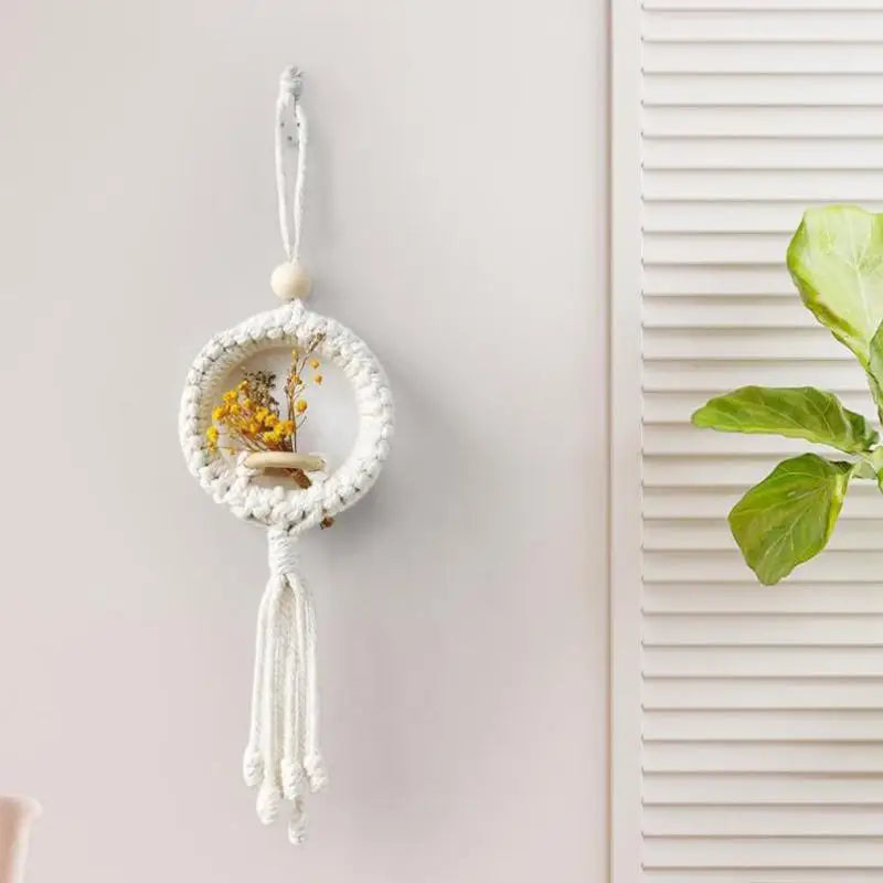 support mural macramé blanc tissé main boho artisanal crochet métal fleurs séchées