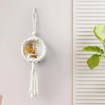support mural macramé blanc tissé main boho artisanal crochet métal fleurs séchées