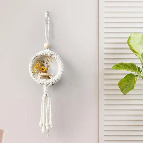 support mural macramé blanc tissé main boho artisanal crochet métal fleurs séchées