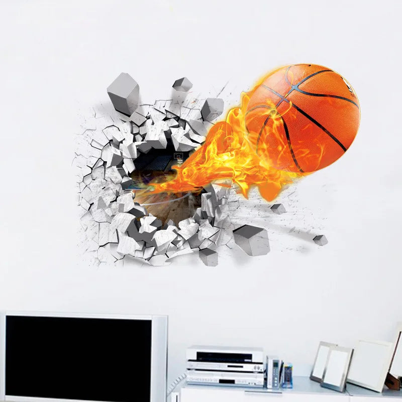 autocollant mural 3d sportif balle basket rayures noires fond texturé béton orange dynamique chambre