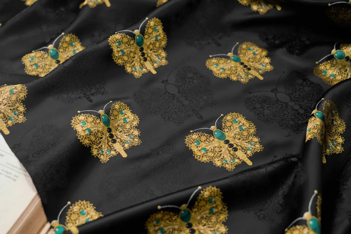 tissu brocart jacquard papillons noirs or turquoises brillants luxueux coudre 160cm
