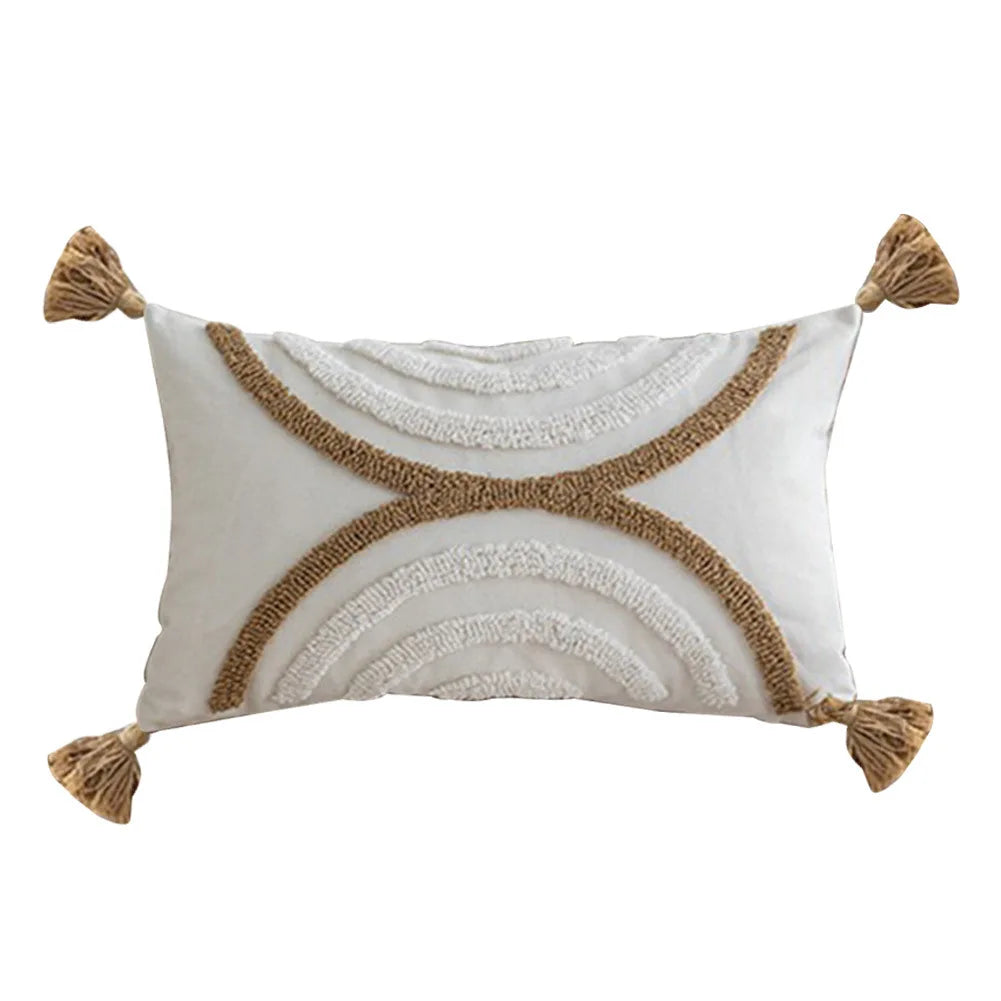 coussin décoratif nordique brodé motif géométrique beige moutarde orange brun boho chic