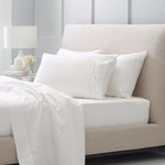 draps lit blancs satinés king size boutonnés complet moderne ecofriendly