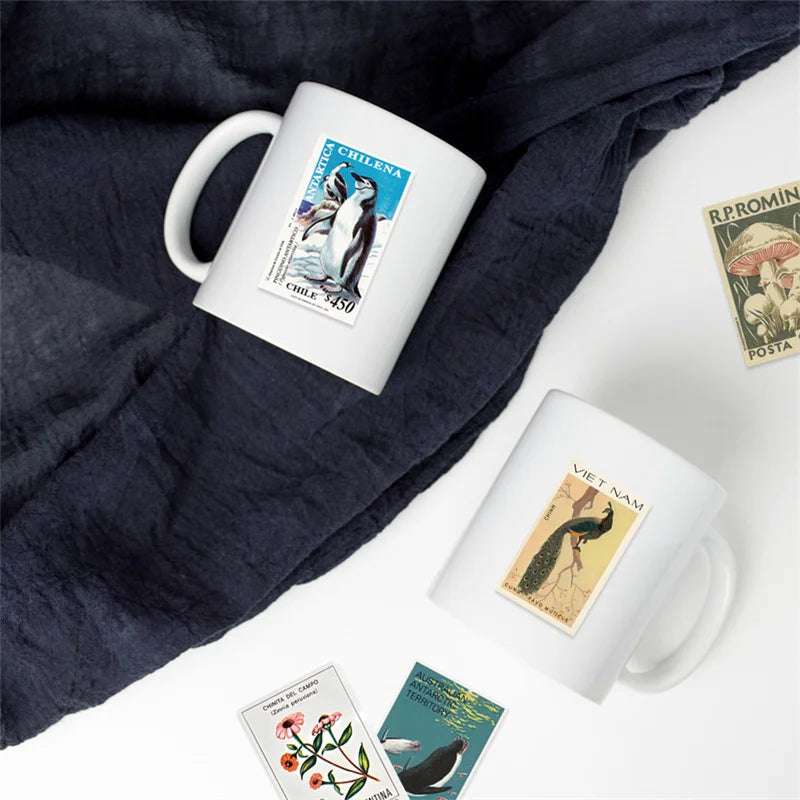 tasses blancs illustrées timbres classiques 50 pièces collection vintage étanche autonomes