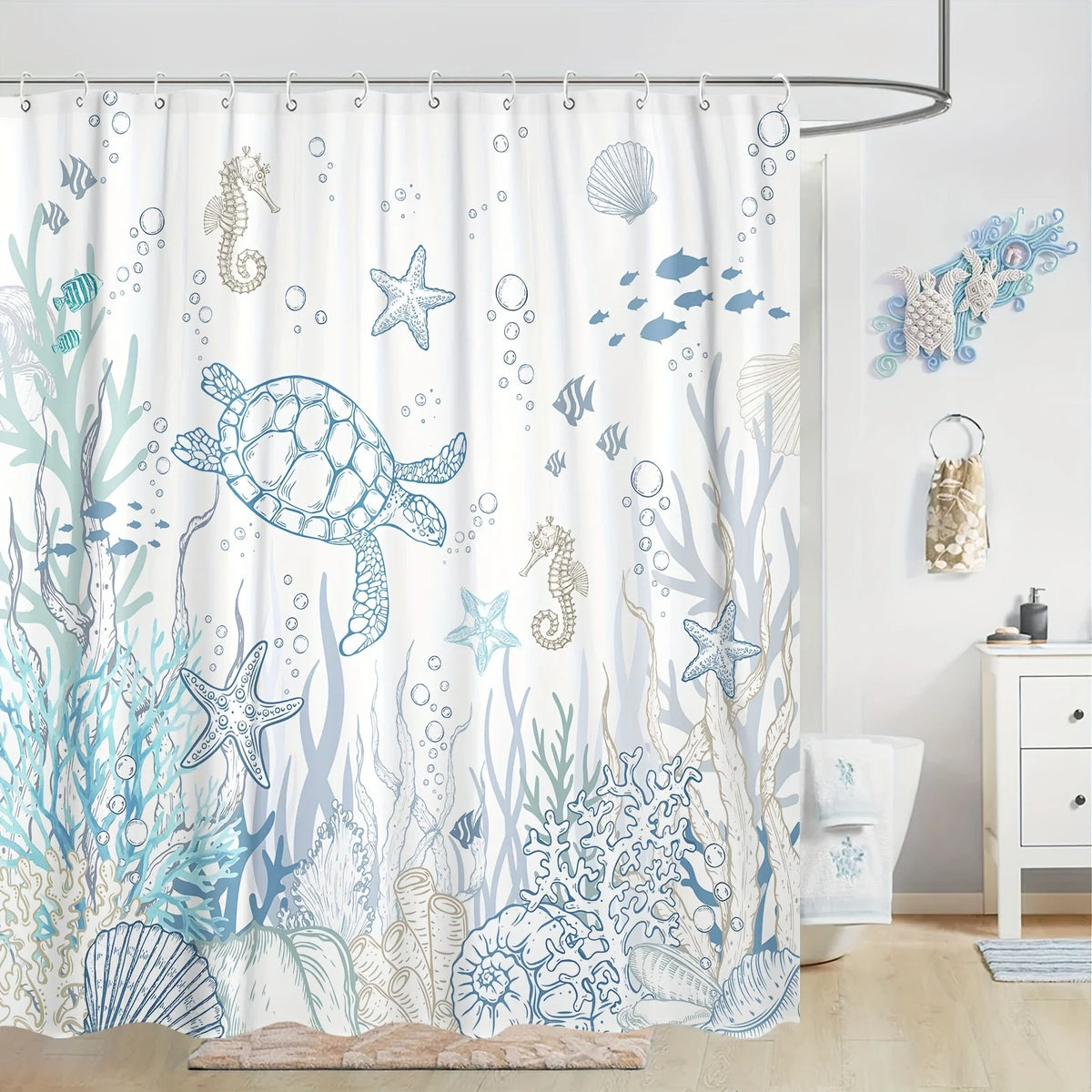 rideau douche moderne thème marin tortue hippocampes étoiles mer blanc bleu gris