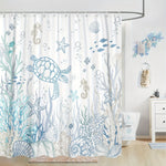 rideau douche moderne thème marin tortue hippocampes étoiles mer blanc bleu gris