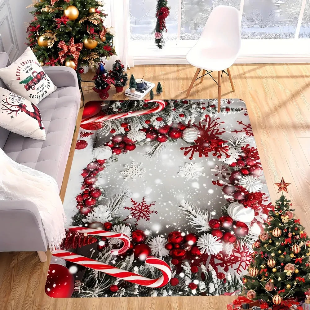 tapis noël rouge blanc gris boules flocons cannes branches salon chambre entrée festive décembre