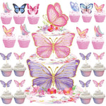 décoration gâteau papillons fleurs rose violet blanc doré piquet anniversaire mariage fête enfants