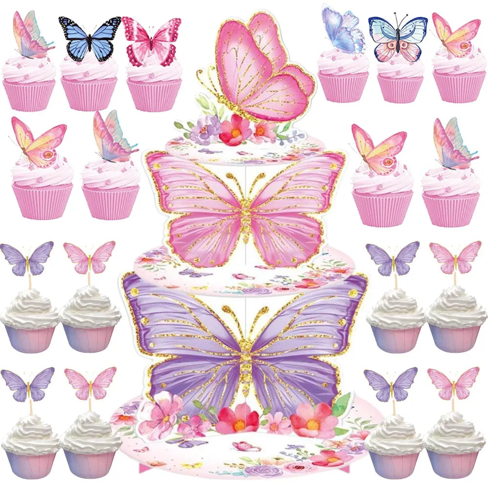 décoration gâteau papillons fleurs rose violet blanc doré piquet anniversaire mariage fête enfants