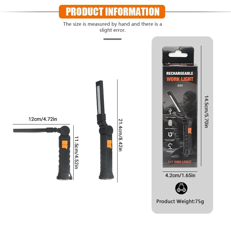 lampe torche rechargeable noire orange antidérapante aimant pince moderne pratique camping travaux