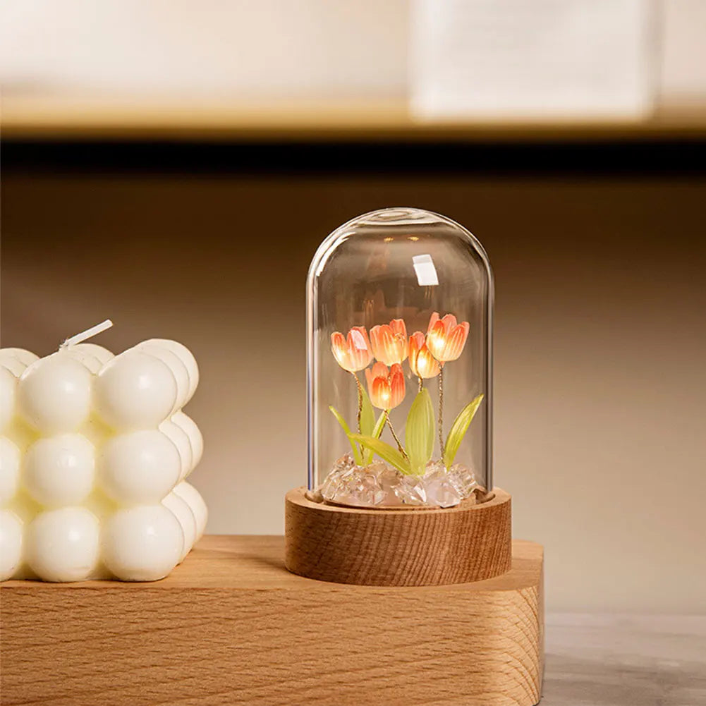 lampe décorative tulipe fleurs feuilles verre transparent base bois moderne minimaliste led ambiance chambre