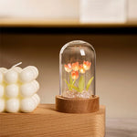 lampe décorative tulipe fleurs feuilles verre transparent base bois moderne minimaliste led ambiance chambre