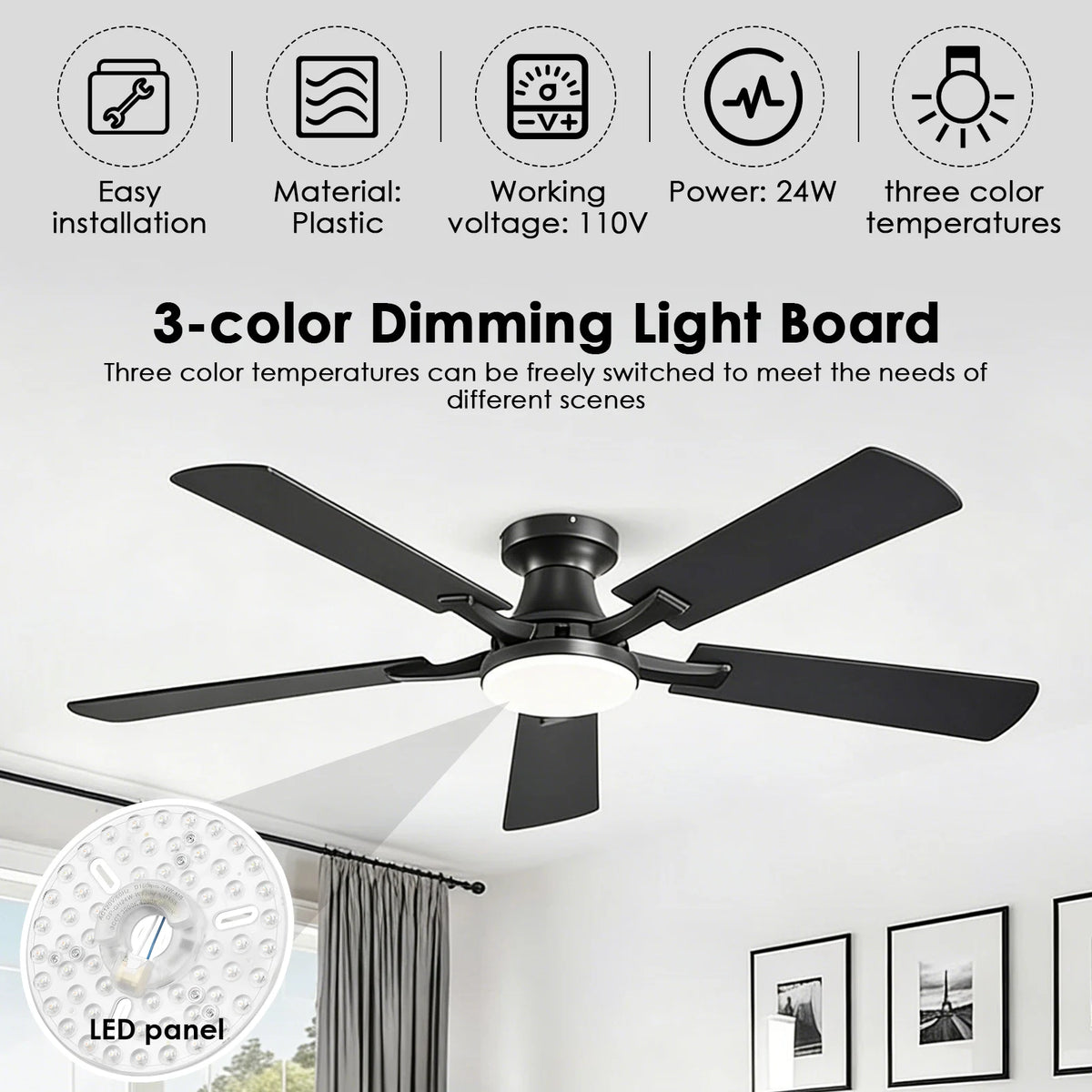 panneau led ventilateur 24w noir bois moderne clips magnétiques vis fixations 16cm