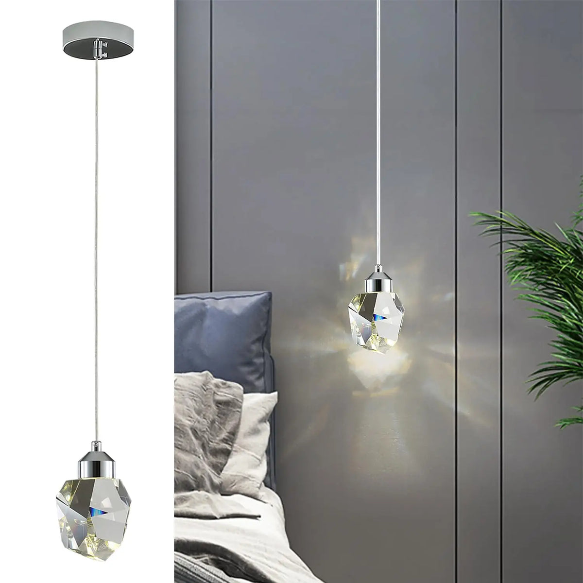 suspension lumineuse moderne cristaux taillés argentée led réglable chambre salon