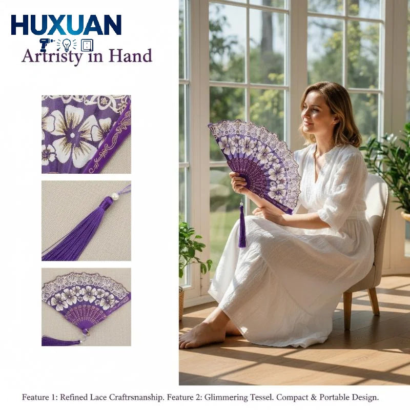 éventail pliant violet fleurs blanches dentelle pompons élégants classique ornemental blanc violet rouge bleu