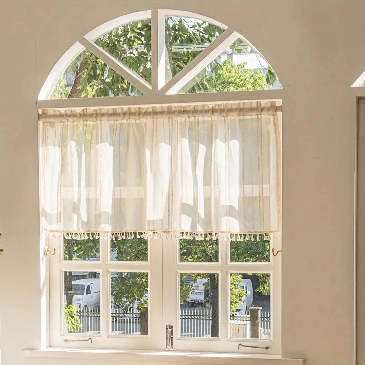rideau bohème beige rayé translucide champêtre tringle rideau inclus(franges décoratives)