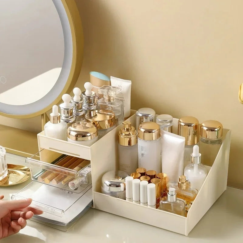 boîte rangement cosmétique beige clair moderne brosse parfum crème stylos accessoires maquillage