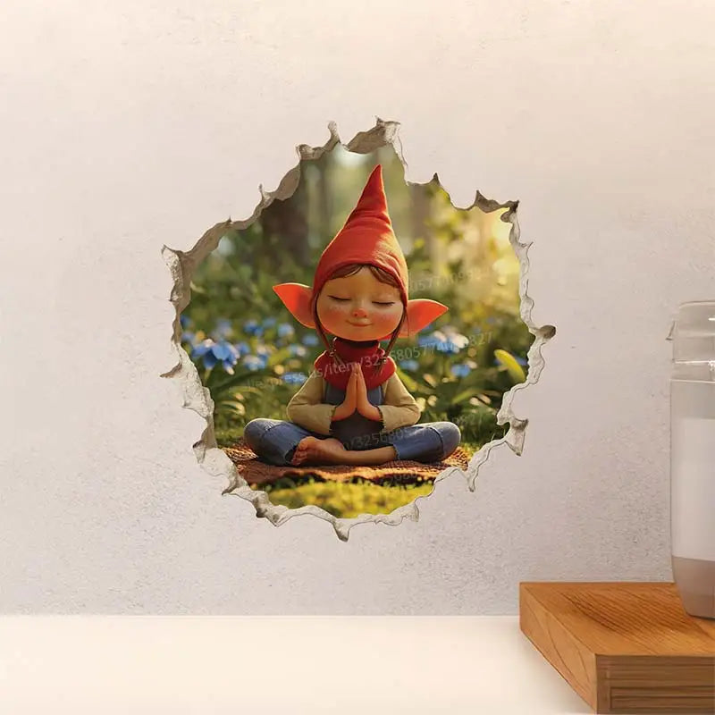 autocollant mural elfe paysage champignons illustration cartoon adhésif rouge vert bleu