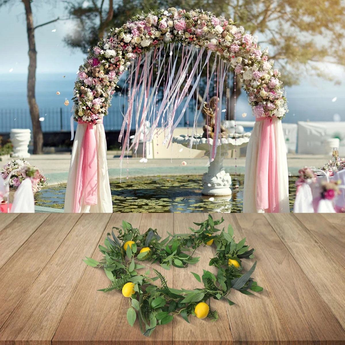guirlande fruits naturelle citrons feuilles vertes décoration intérieure mariage anniversaire festive rustique
