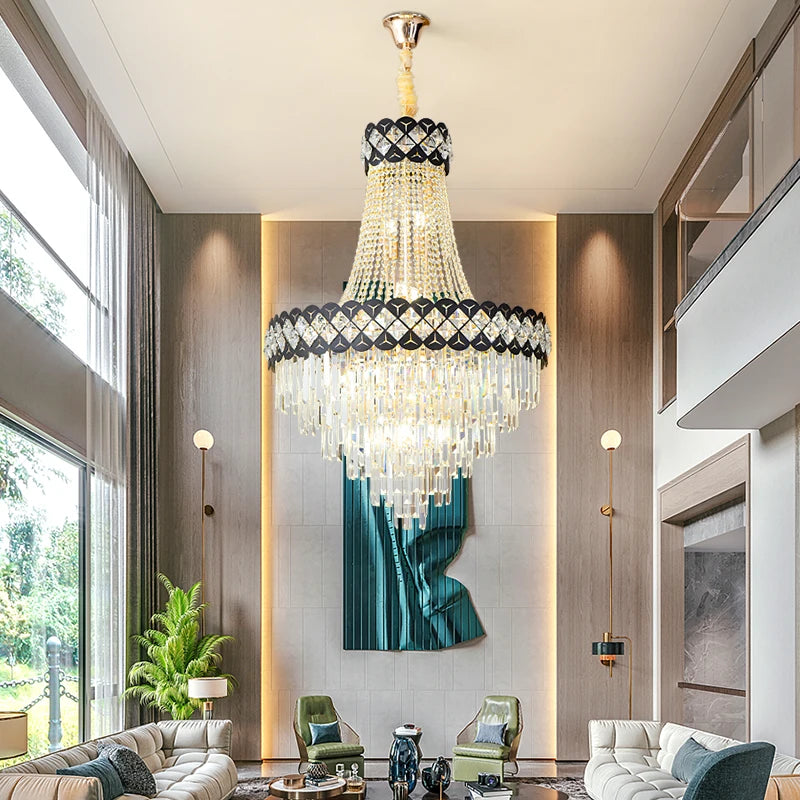 lustre cristal luxe doré noir moderne suspension salon élégant grand luminaire intérieur luxe