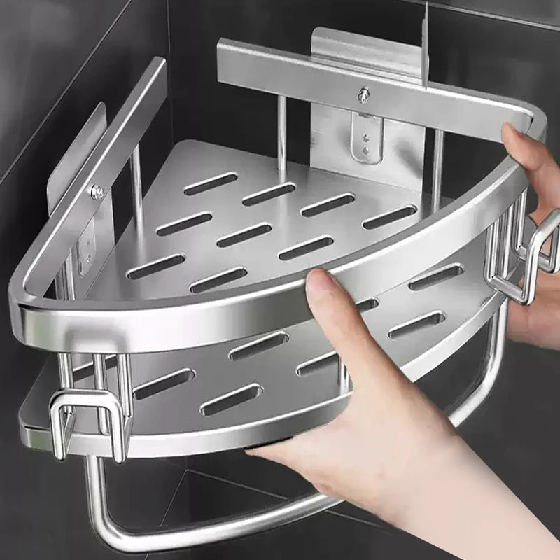 étagère angle salle bain moderne argentée grille perforation fixations vis