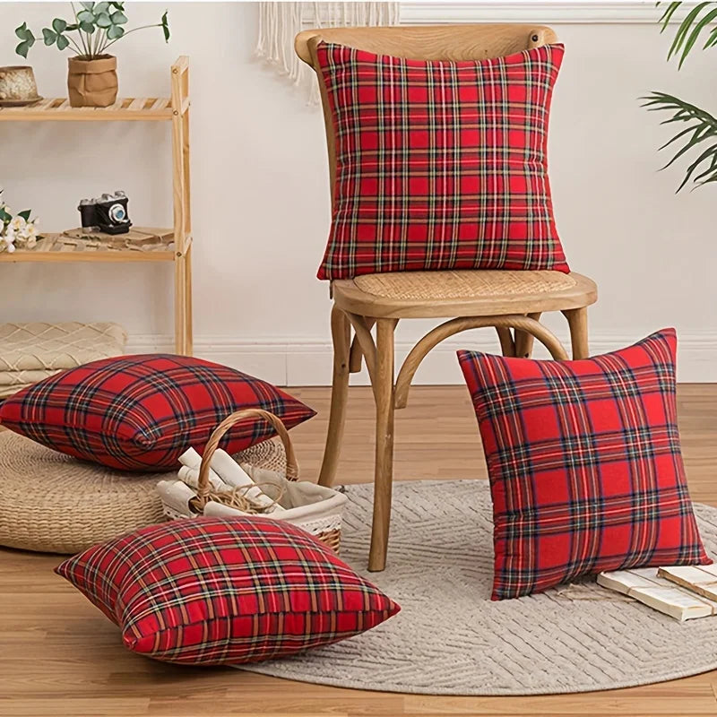 housse coussin carré imprimé écossais rouge vert traditionnelle polyester décoration intérieure noël chambre voiture