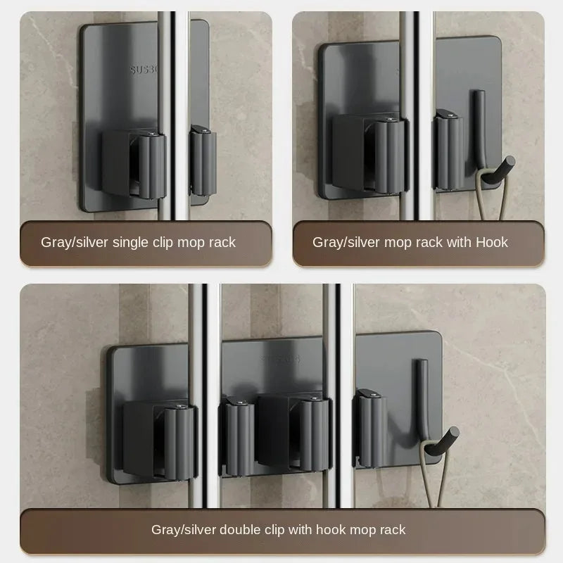 porte balai adhésif acier inoxydable gris métallisé noir moderne salle bain rangement organisateur