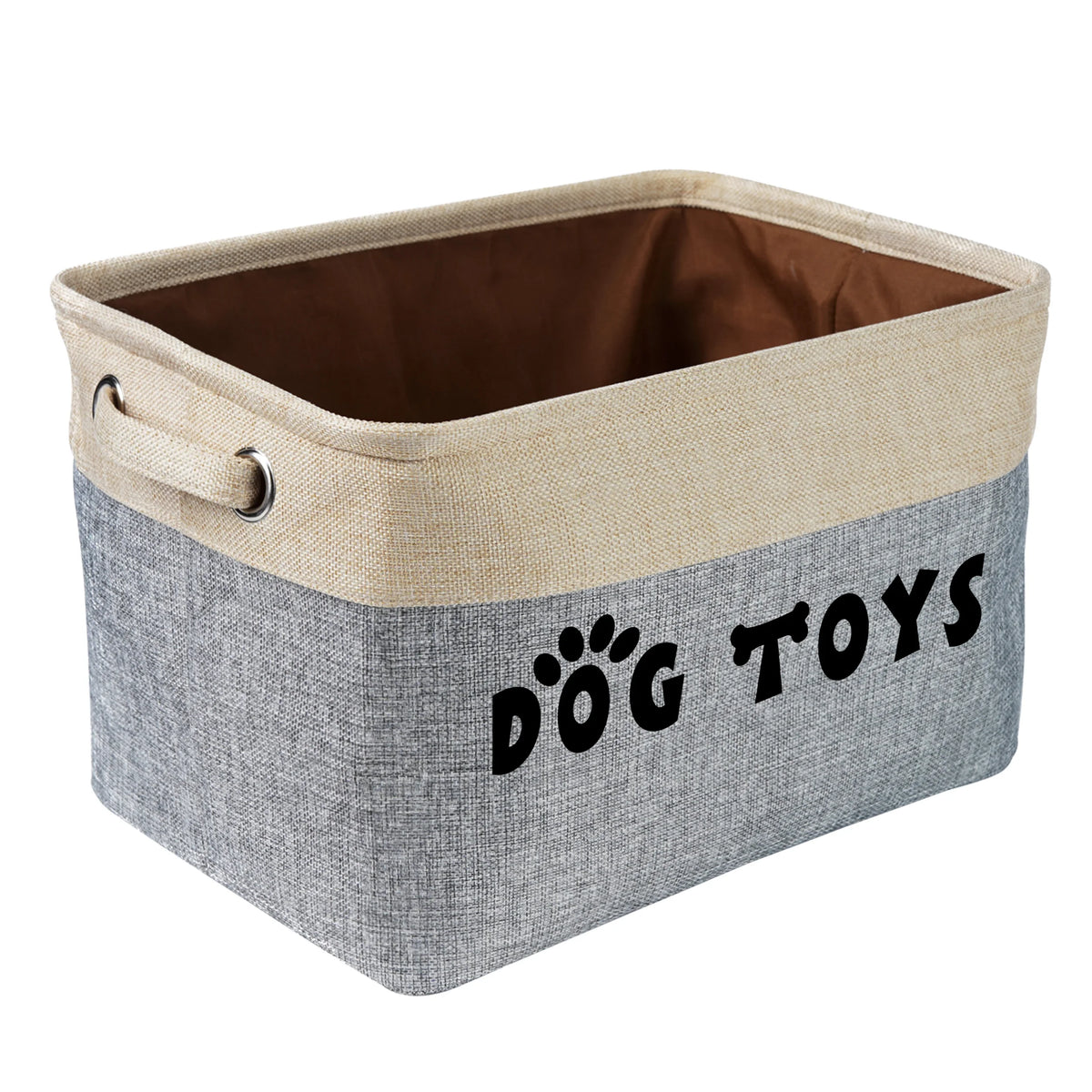 panier rangement jouets chien toile jute moderne poignées métalliques couleur beige bleu marine rose