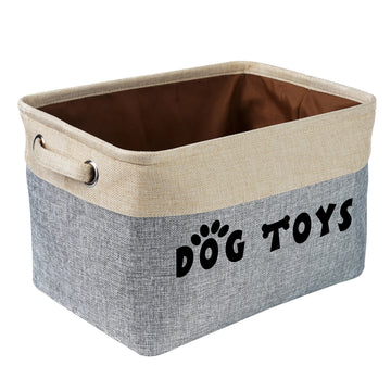 panier rangement jouets chien toile jute moderne poignées métalliques couleur beige bleu marine rose