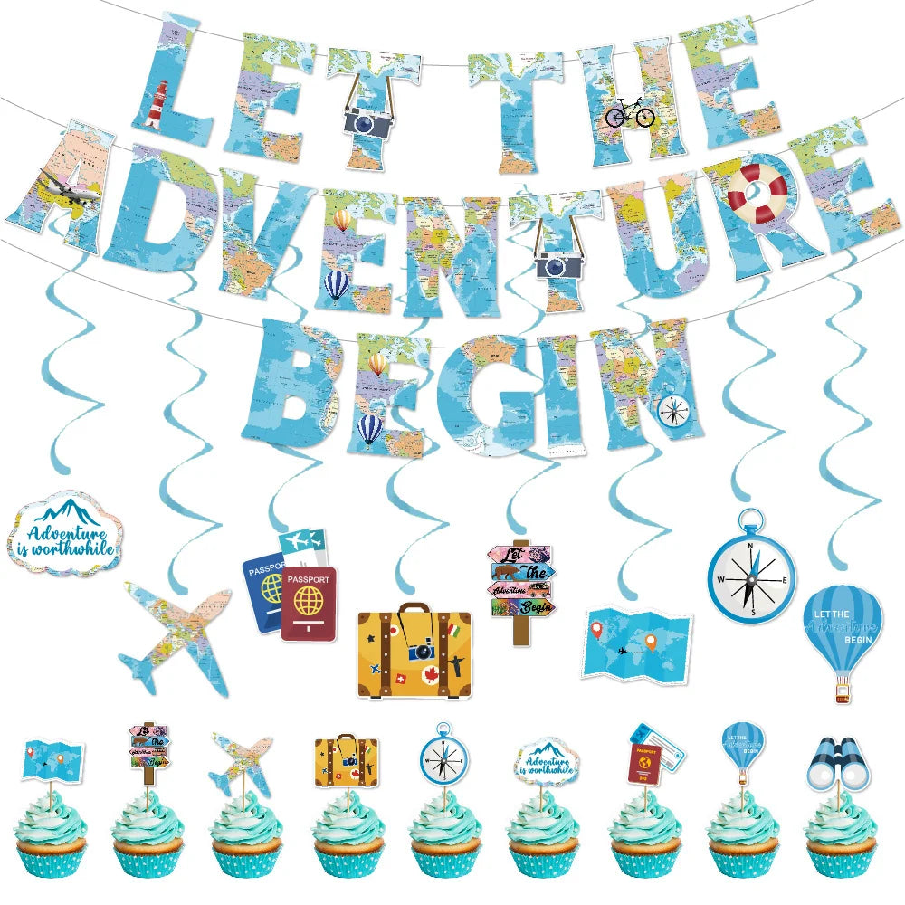 décoration fête voyage avion valise boussole globe lettres toppers cupcakes illustrations aventures