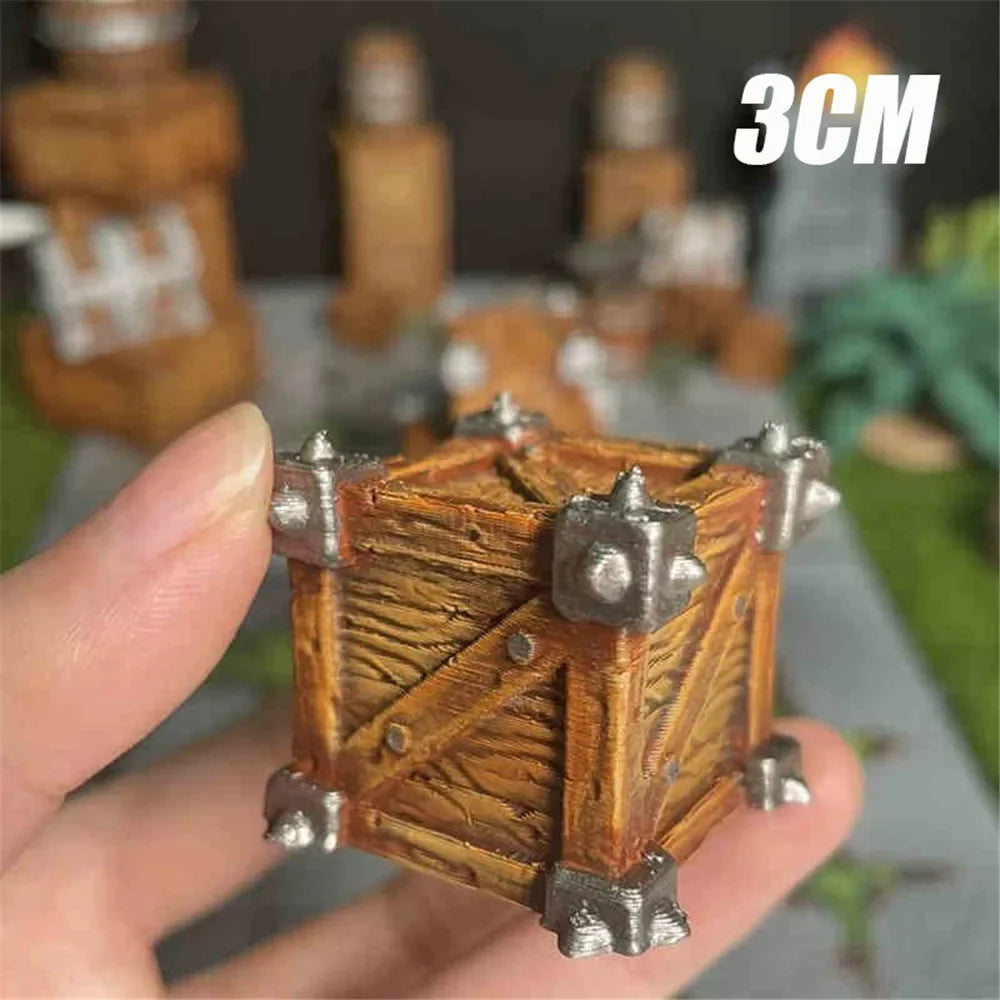 coffres miniatures barils marron clair gris métallique texture bois détails métalliques réalistes opaques