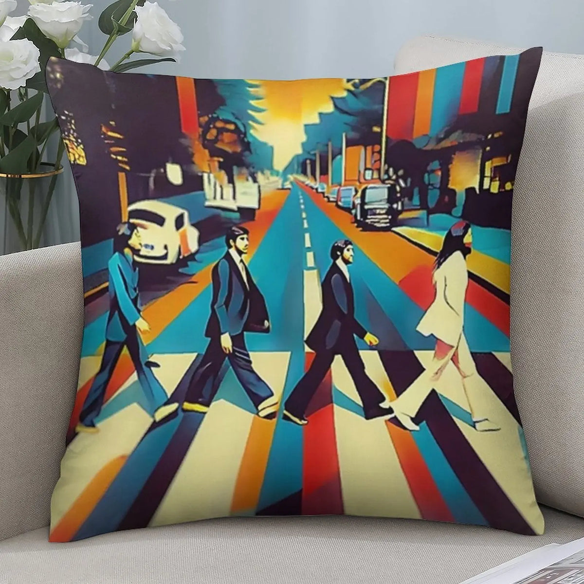 coussin pop art the beatles abbey road zip multicolore 45x45cm polyester carré déco lit