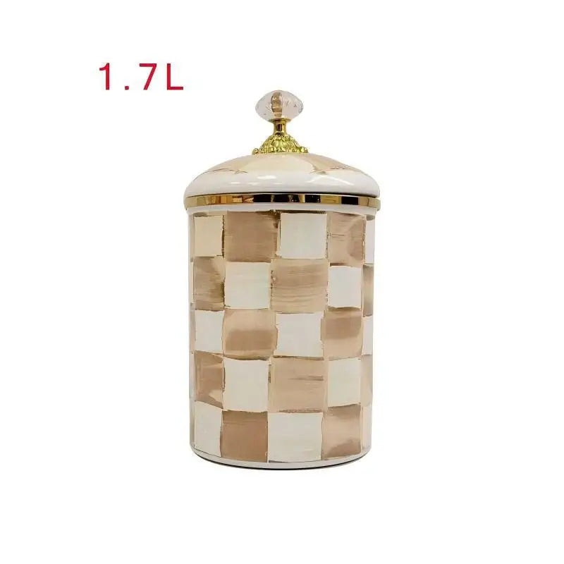 contenants cuisine porcelaine émaillée carreaux géométriques bleu blanc rose classiques