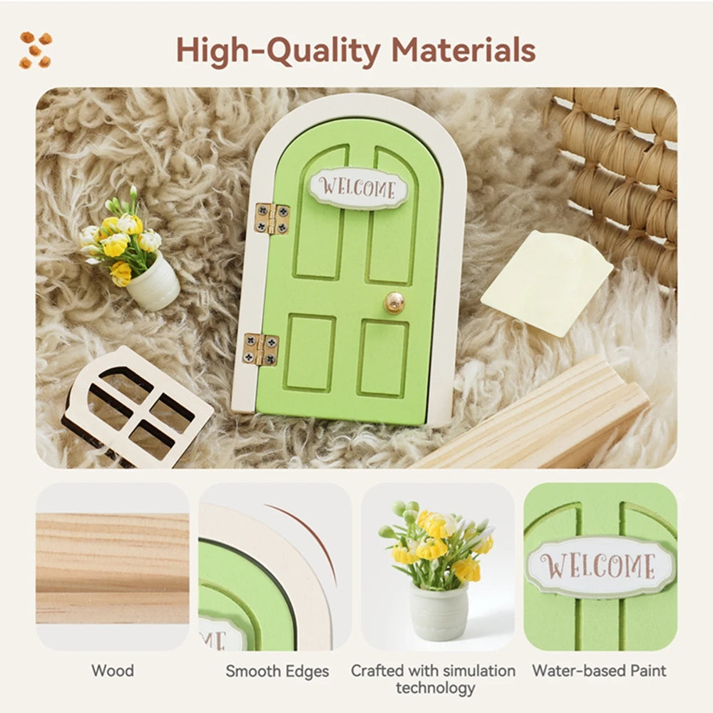 décoration intérieure porte fenêtre miniature adhésif maison poupée vert clair bois panel verticale bienvenue