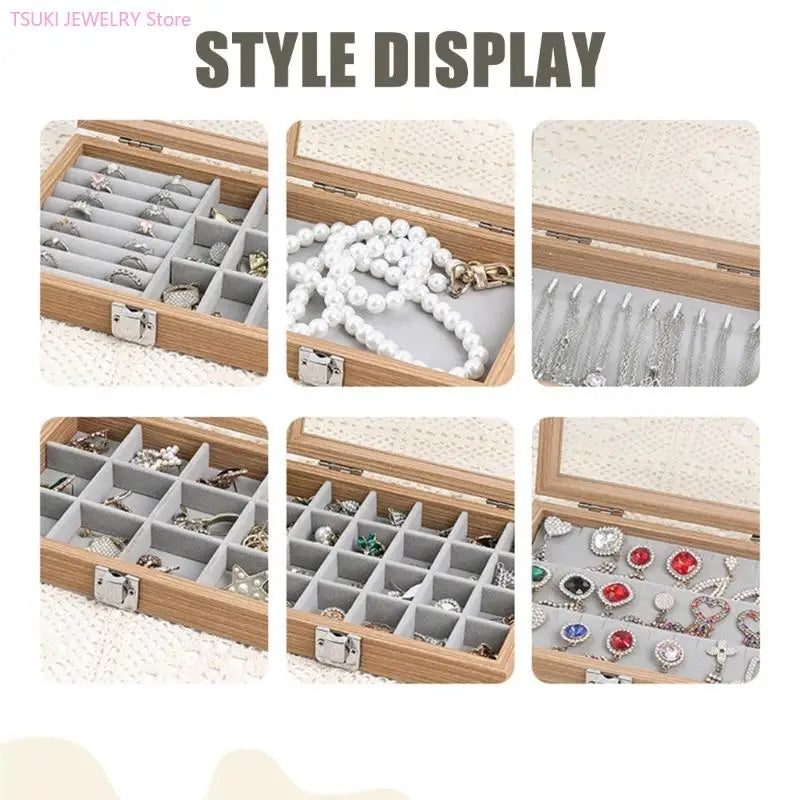boîte bijoux bois naturel moderne cadenas 20cm 15cm 15cm rangement bagues boucles d'oreilles gris