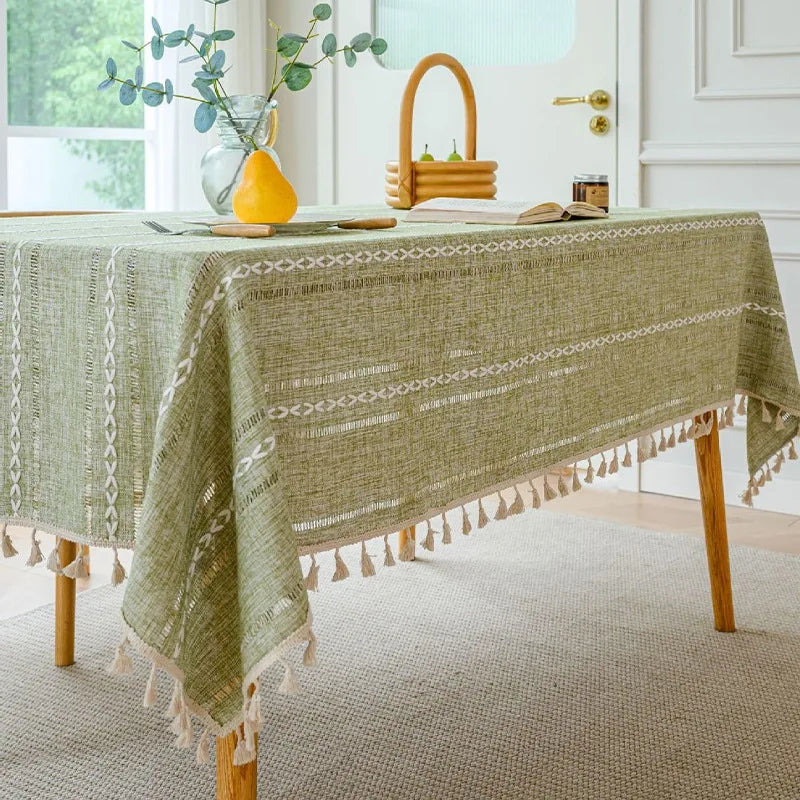 nappe vert olive rayures blanches franges boho chic réutilisable polyester table hiver été ramadan