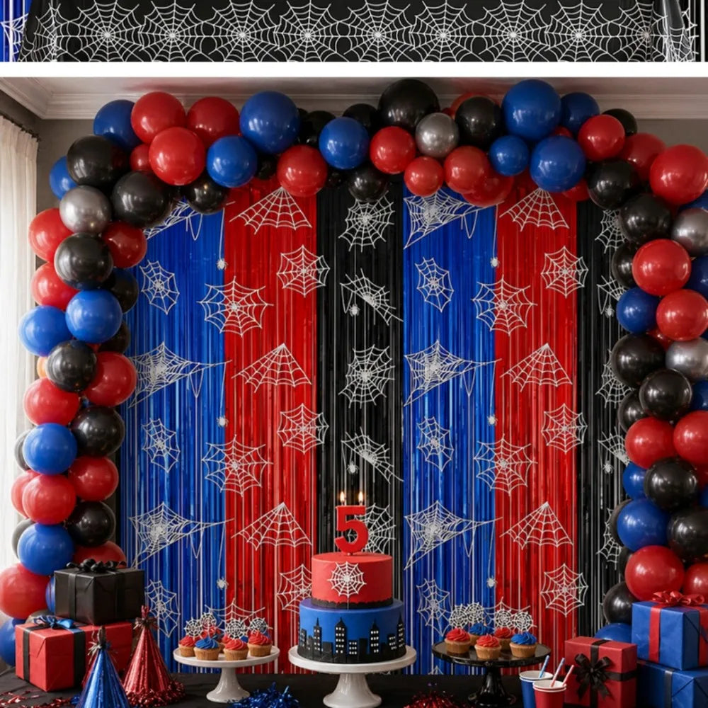 rideau décoratif toile araignée rouge bleu noir halloween anniversaire fête inclusion ruban adhésif