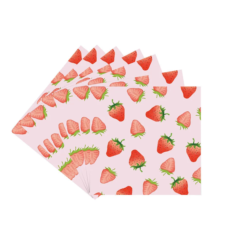 serviettes jetables fraises rouge vert fond rose anniversaire enfant mariage festives