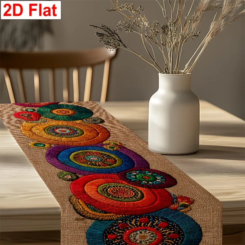 champagne bohème chemin table lin motifs circulaires multicolore festif ethnique