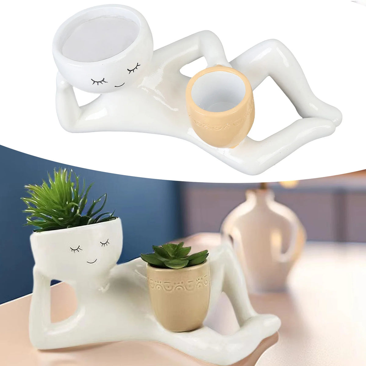 porte pots figurine humaine pots texturés plantes vertes blanc beige moderne
