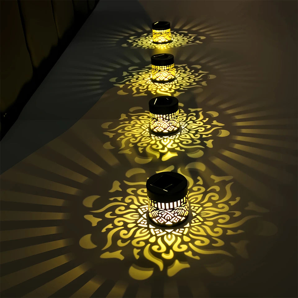 lampe solaire led moderne noire dorée motif floral ajouré étanche