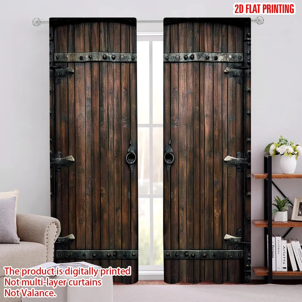rideau vintage rustique marron texture bois polyester deux panneaux