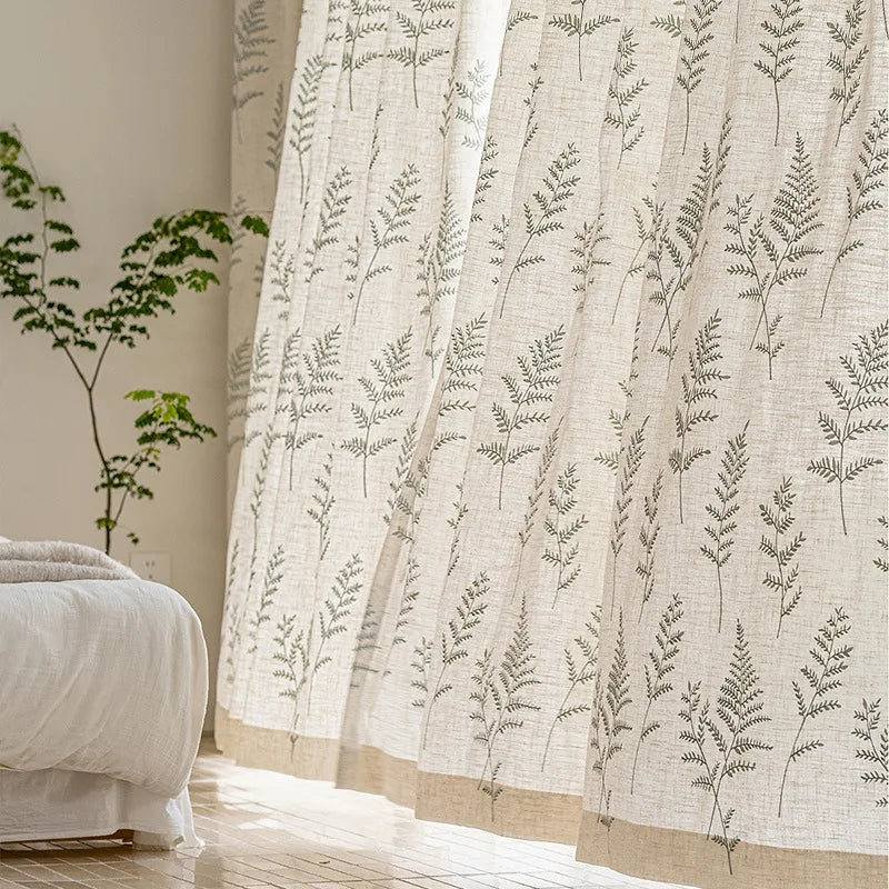 rideau vintage feuilles fougère beige gris semi transparent maison hospitalité