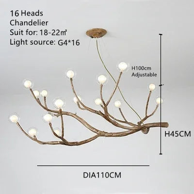 Suspension lumineuse moderne dorée branches naturelles translucides ampoules led g4