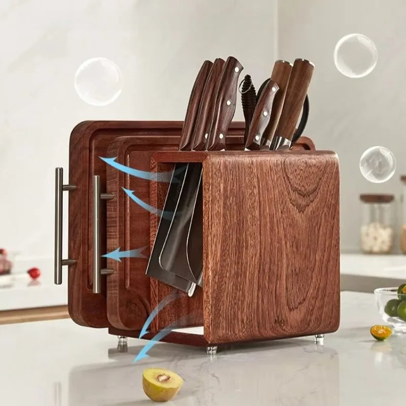 rangement couteaux bois marron moderne poignées métal scie planche découpe